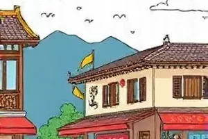 条漫《折线海岸》中曲折海岸线与行李箱的远景插画